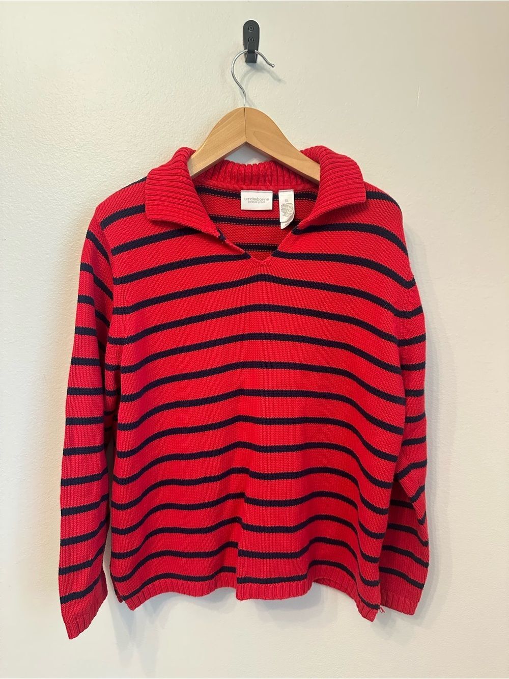 Liz Claiborne Red and Navy Striped V-Neck Sweater with Collar